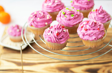  candy bar, top view. muffins with bright cream and sugar decor. Cupcakes with cream. mini cakes are laid out in a circle. dessert. High quality photo