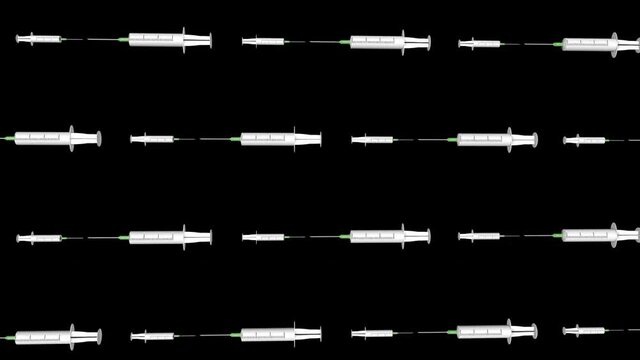 a three-dimensional model of a disposable syringe rotates on a black background. abstract looping animation. 3d render