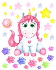 Cute watercolor girls set - Little princess. Cute watercolor unicorn clip art. 