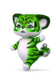 cute tiger cartoon passing by in white background