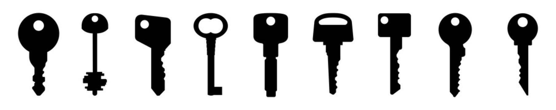 Set of black silhouettes of door keys. Key icon set.Vintage key antique door key isolated on white background. Keys and padlock silhouette. Vector illustration.