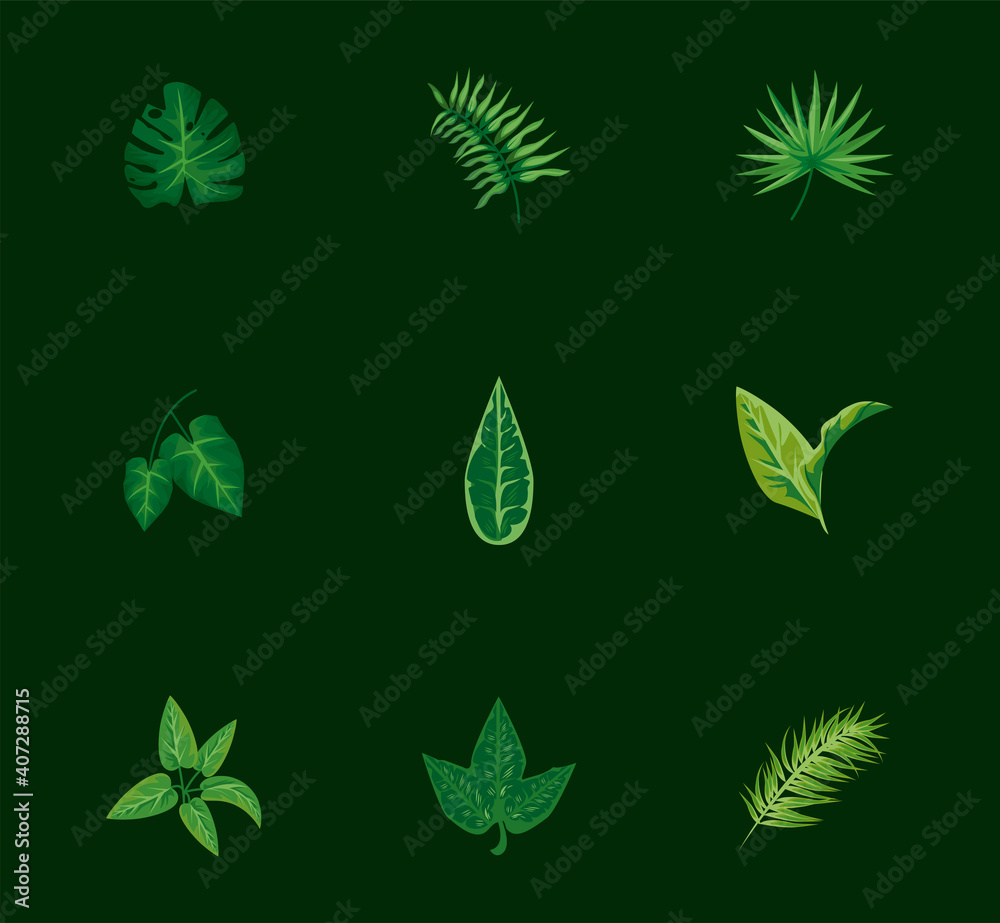 Sticker bundle of nine leaves plants green nature icons