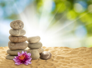 Fototapeta na wymiar image of stones and lotus flower on the sand close-up