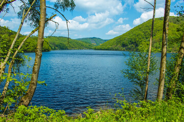 Rursee at Eifel National Park, Germany. Scenic view of lake Rursee and surrounded green hills in North Rhine-Westphalia