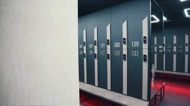 At the locker room. Modern locker room in loft interior with dark cabinets. Interior of a locker changing room at the modern loft gym. Interiors, sport, gym, club, mirror, locker, bench concept