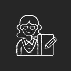 Secretary chalk white icon on black background. Office work. Administrative professional. Personal assistant. Supporting management. Handling correspondence. Isolated vector chalkboard illustration