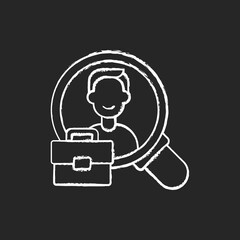 Human resource chalk white icon on black background. Organization workforce. HR. Recruiting and training job applicants. Hiring and firing employees. Isolated vector chalkboard illustration
