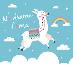 Cute cartoon lama No drama vector design on blue