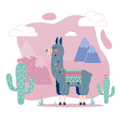 Cute cartoon lama with cactus and mountains vector design on pink