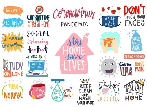 coronavirus covid-19 lettering doodle banner digital sticker concept. collection set of illustration hand drawn cartoon lettering about corona virus covid 19 epidemic disease prevention and new normal