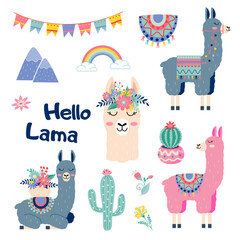 Cute cartoon sticker lama set with cactus rainbow mountains vector design on white © Наталья Пшеничная