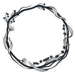 Vintage frame with curly flowers, leaves and berries. Ikebana frame with a plant composition. Hand-drawn vintage wreath, illustration on isolated white background