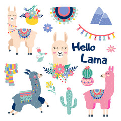 Cute cartoon sticker lama set with cactus rainbow scarf mountains vector design on white