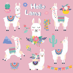 Cute cartoon lama set with cactus rainbow mountains vector design on white