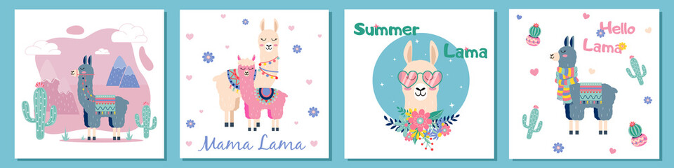 Cute cartoon lama set with cactus rainbow Summer Lama vector design on white