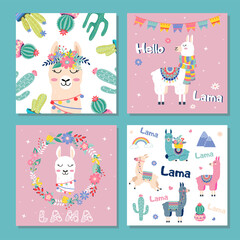 Cute cartoon lama set with cactus rainbow wreath vector design