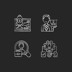 Corporate structure chalk white icons set on black background. Business model. Buying goods and products. Organization workforce. Operations management. Isolated vector chalkboard illustrations