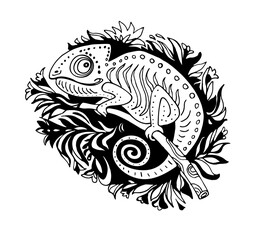Doodle Stylized Black and White Chameleon in Tropical leaves Drawn by Hand Isolated on White. Reptile Vector Illustration in Cartoon Style. Sketch for Tattoo or Print. Tropical Animal Collection. 
