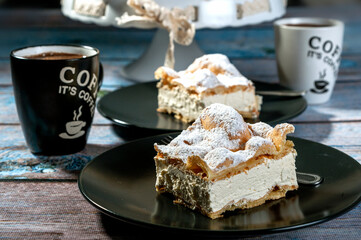 karpatka, ciastka, deser, jedzenie, słodki, ciasto, ciasta, ciąć, kawa, krem, biała, pieczone, przepyszny, przekąska, domowe, smaczny