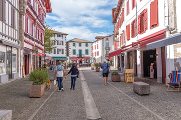 Espelette, France October 20- 2020- Traditional Basque house in Espelette village, with red...
