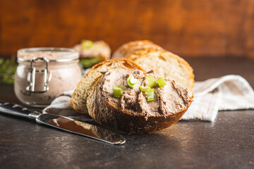 Liver pate on sliced baguette.