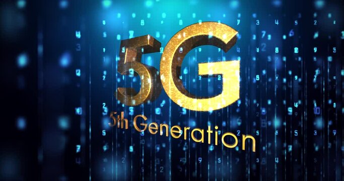 Animation of 5g 5th generation text over glowing numbers changing