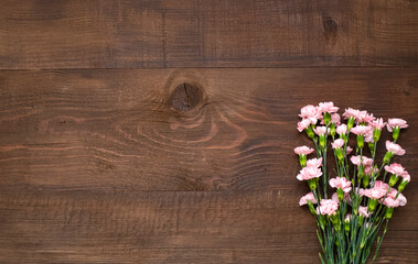 .Pink flowers on dark brown wooden table with copy space.