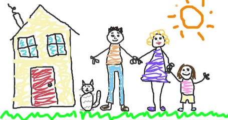 Animation of hand drawn couple with daughter and cat next to house and sun on white background