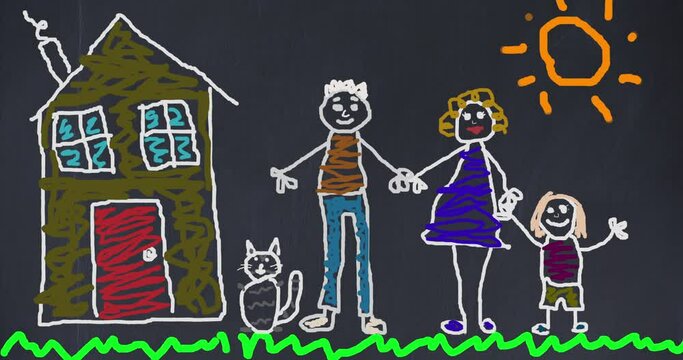Animation of hand drawn couple with daughter and cat next to house and sun on black background