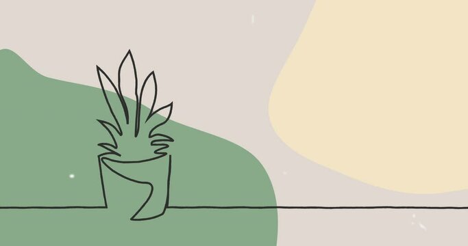 Animation of drawing of plant in black outline against pastel green and beige background