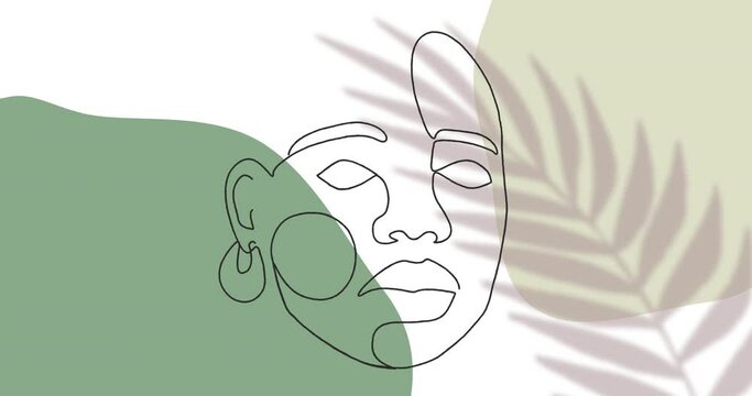 Animation of drawing of face in black outline against moving leaf on white and green background