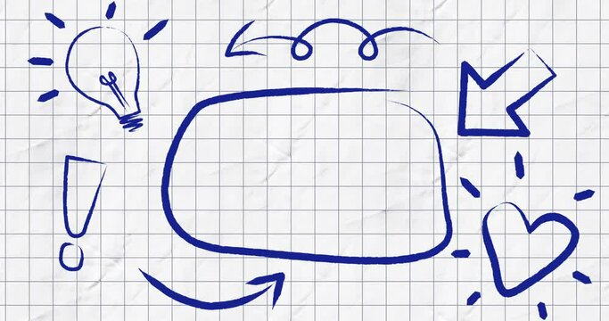 Animation of blue outlined speech bubble with arrow and icons on squared paper