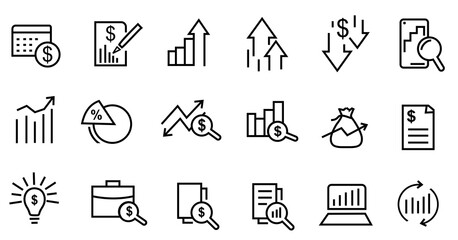 Set of Financial Analytics Related Vector Line Icons. Contains such Icons as Gainers and Losers, Portfolio Analysis, Financial Illustration symbol. Editable Stroke.