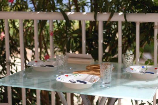 Table setting outdoor. Selective focus.