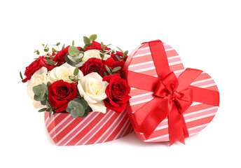Gift box with beautiful flowers on white background