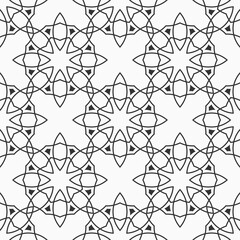 Abstract seamless pattern of intersecting geometric shapes. Arabic, oriental ornament. Geometric lattice. Repeating linear stylish texture. Vector monochrome background.