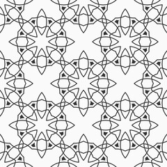 Abstract seamless pattern of intersecting geometric shapes. Arabic, oriental ornament. Geometric lattice. Repeating linear stylish texture. Vector monochrome background.