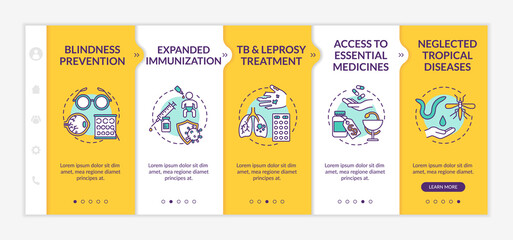Top international health programs onboarding vector template. People full blindness prevention. Responsive mobile website with icons. Webpage walkthrough step screens. RGB color concept