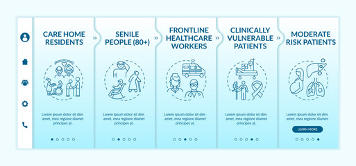 Covid vaccination priority list onboarding vector template. Frontline healthcaring workers. Responsive mobile website with icons. Webpage walkthrough step screens. RGB color concept