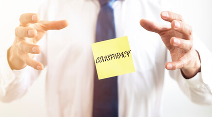 Conspiracy theories inscription. Business and government fake ideas