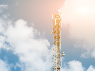 5G telecommunication tower. Radio antenna transmitter. Wave signal of 3g, 4g and 5g. Stock photo. Global broadcasting system.