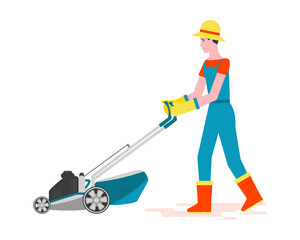 A girl in uniform - overalls, rubber boots and gloves, walks with a lawn mower. Work on a personal plot. The concept of an active lifestyle and work in nature. Flat vector illustration..