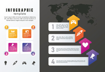 statistics infographics steps with arrows and squares in gray and black background