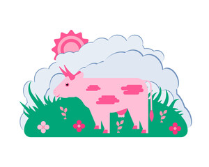 Vector illustration with a cheerful, cute cow in a meadow on a background of grass, clouds and the sun. Flat design...