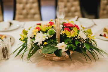 Catering banquet table at wedding reception. Restaurant presentation, european cuisine, food consumption, party concept. Food styling, appetizers bar, welcome drink, event design.