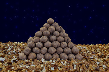 Triangular pyramid of whole walnuts among walnut kernels
