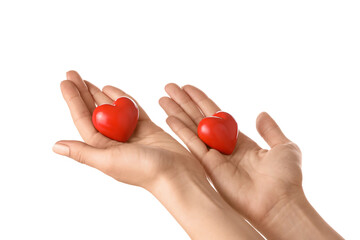 Hands with red hearts on white background