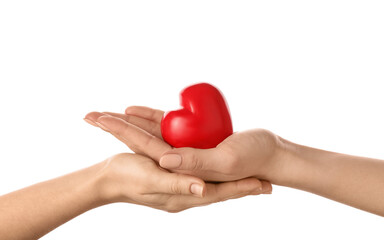 Hands with red heart on white background
