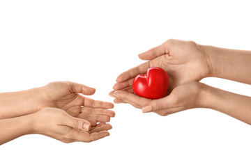 Hands with red heart on white background