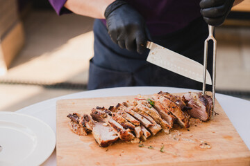 Catering banquet table at wedding reception. Restaurant presentation, european cuisine, food consumption, party concept. Food styling, appetizers bar, welcome drink, event design.